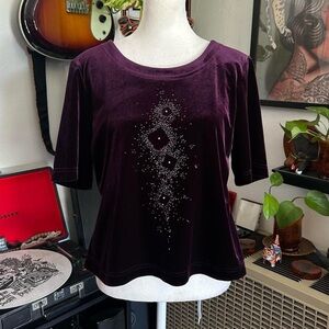 Whimsical Purple Plum Velvet Velour Top With Rhinestone Design